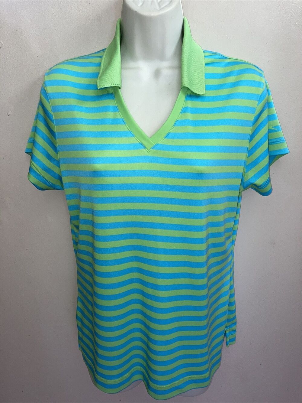 Slazenger V-neck Shirt Golf Collared Women Blue Green Stripe Short Sleeve Sz M
